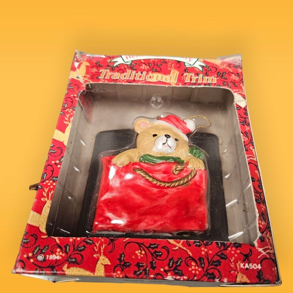 Hermitage Pottery Ornament 1994‎ Stocking Traditional Trim Teddy Bear Gift Box